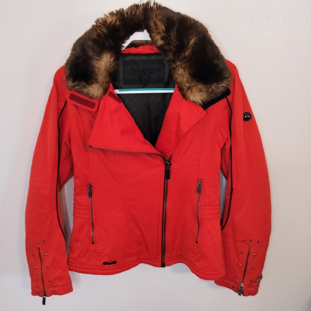 Spyder Women's Red‎ Moto Style Ski Jacket W/faux Fur collar Size 6 Gorpcore Y2K